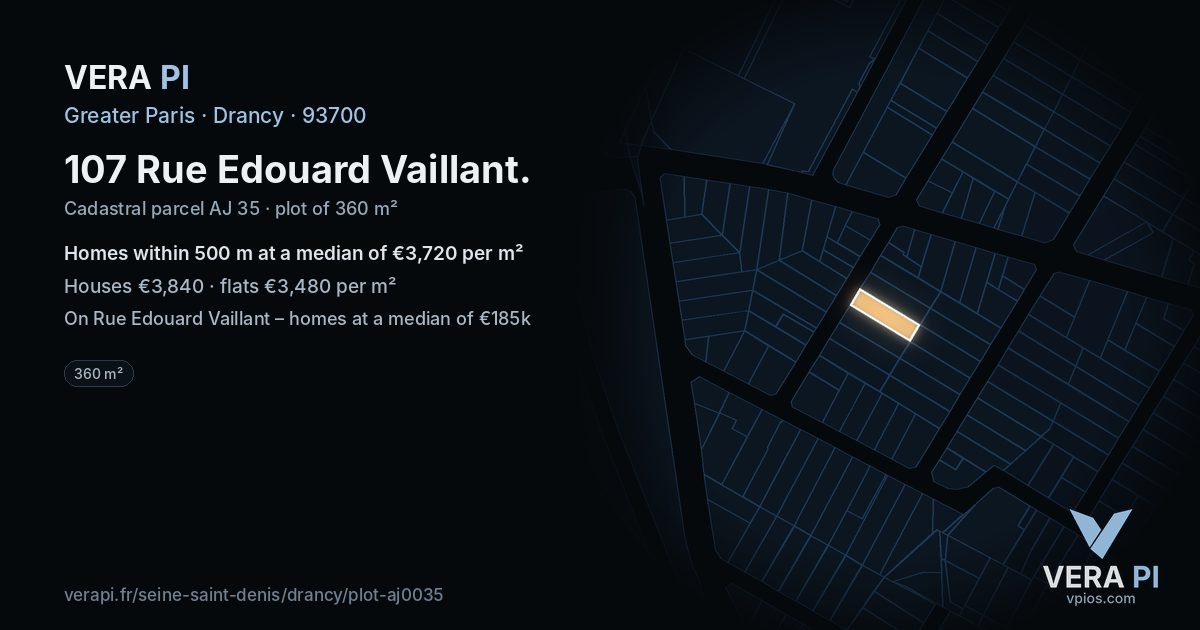 107 Rue Edouard Vaillant, Drancy at night – the plot lit, the parcels around coloured by the prices near them
