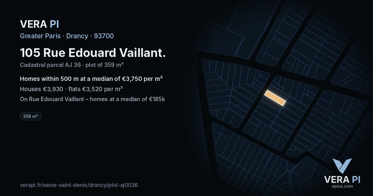 105 Rue Edouard Vaillant, Drancy at night – the plot lit, the parcels around coloured by the prices near them