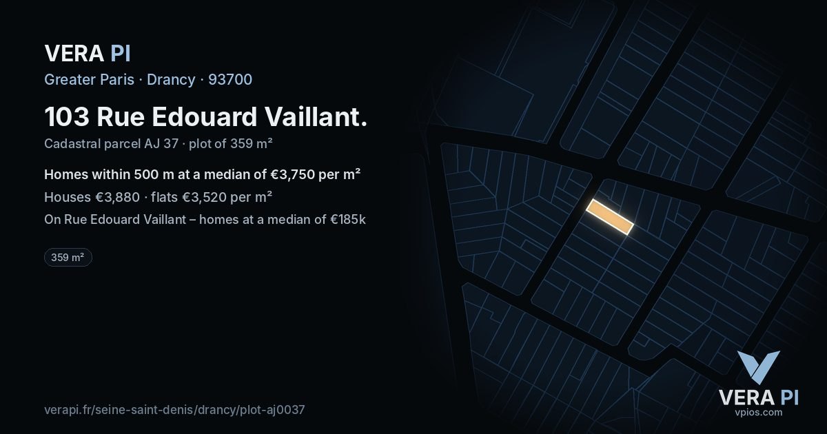 103 Rue Edouard Vaillant, Drancy at night – the plot lit, the parcels around coloured by the prices near them