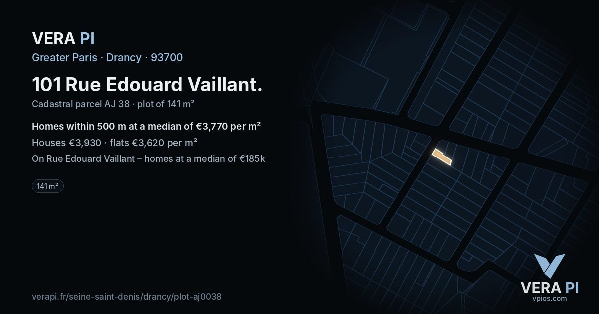 101 Rue Edouard Vaillant, Drancy at night – the plot lit, the parcels around coloured by the prices near them