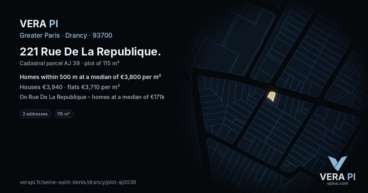 221 Rue De La Republique, Drancy at night – the plot lit, the parcels around coloured by the prices near them