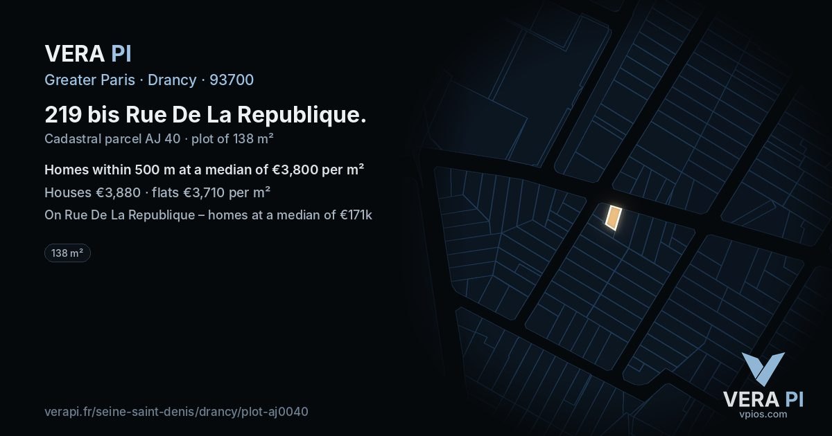 219 bis Rue De La Republique, Drancy at night – the plot lit, the parcels around coloured by the prices near them