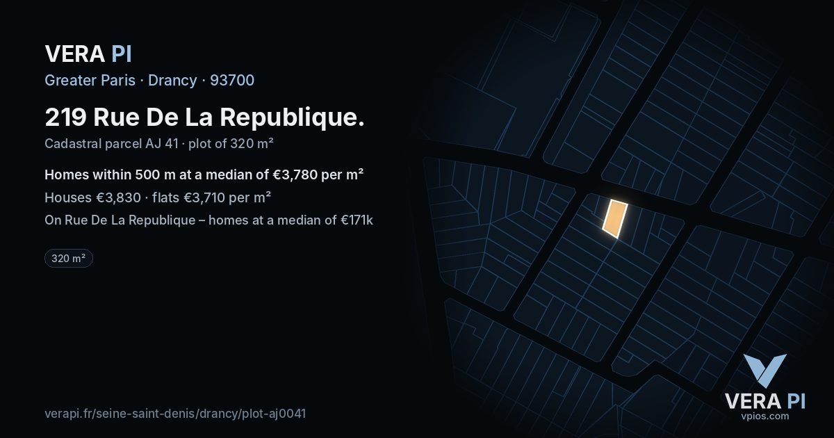 219 Rue De La Republique, Drancy at night – the plot lit, the parcels around coloured by the prices near them