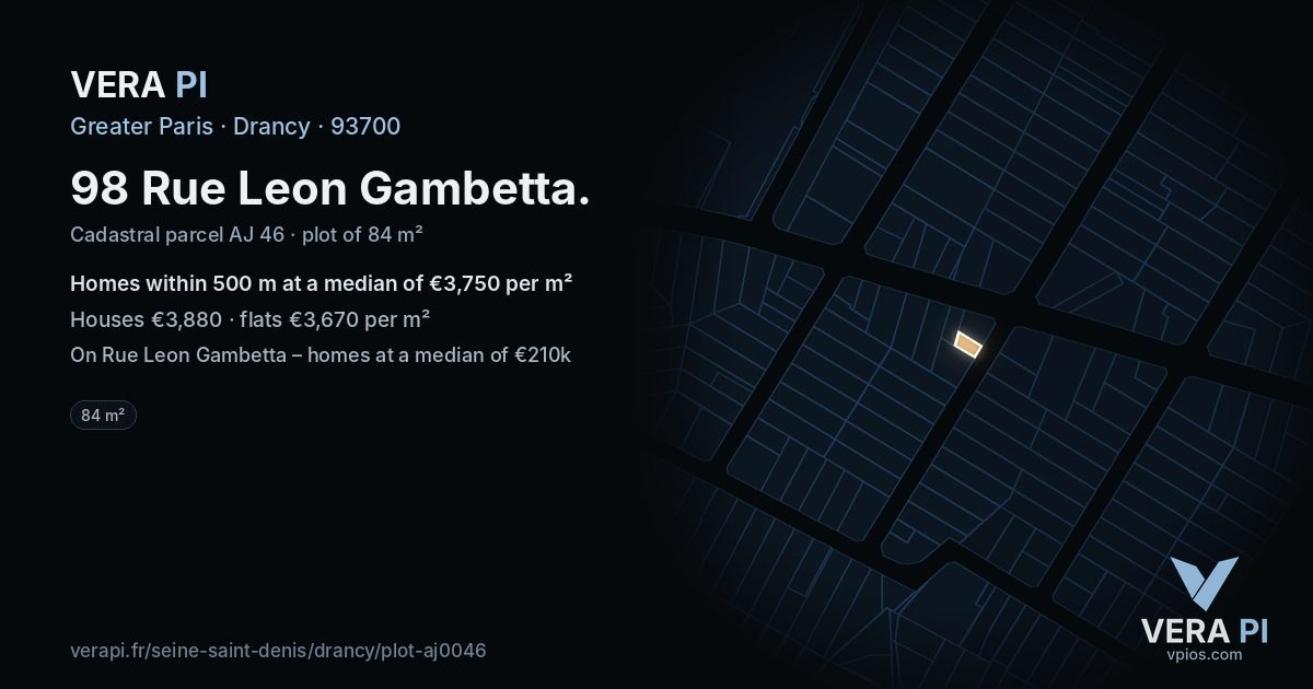 98 Rue Leon Gambetta, Drancy at night – the plot lit, the parcels around coloured by the prices near them