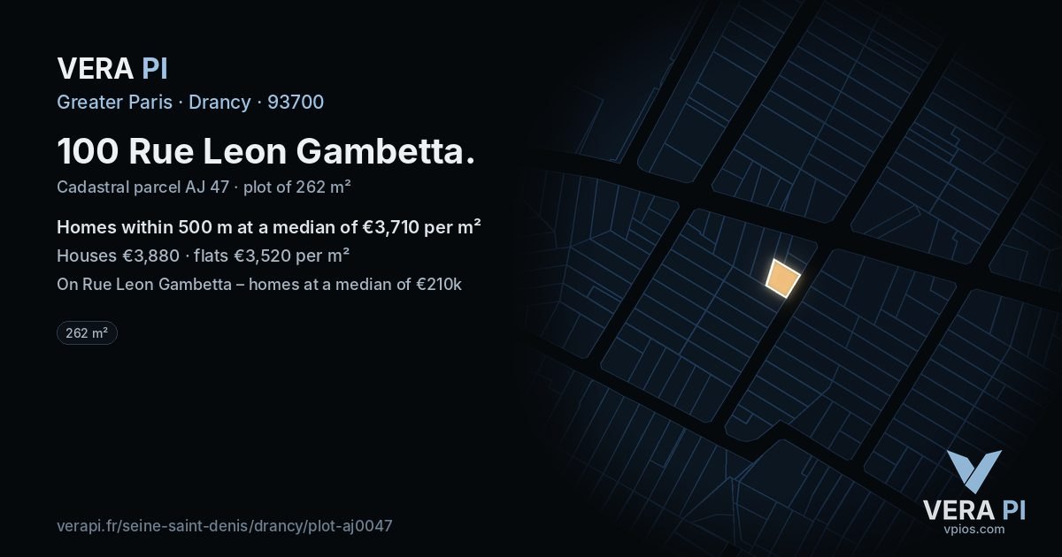 100 Rue Leon Gambetta, Drancy at night – the plot lit, the parcels around coloured by the prices near them