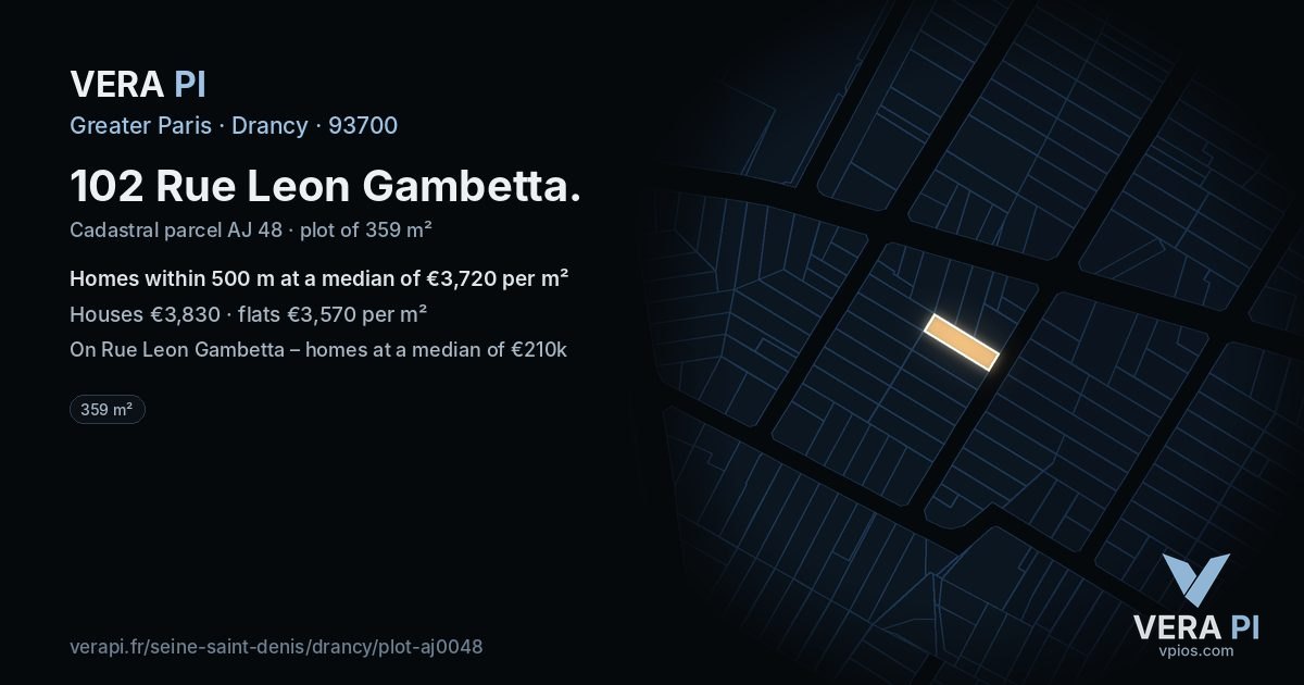 102 Rue Leon Gambetta, Drancy at night – the plot lit, the parcels around coloured by the prices near them