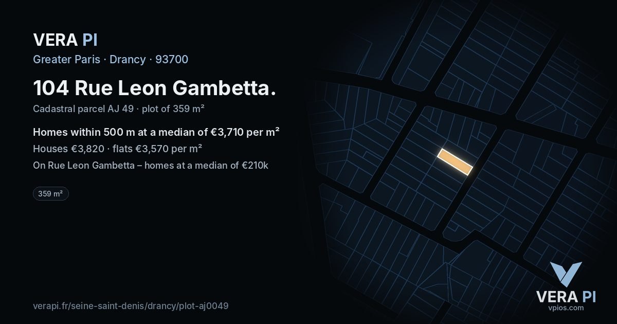 104 Rue Leon Gambetta, Drancy at night – the plot lit, the parcels around coloured by the prices near them