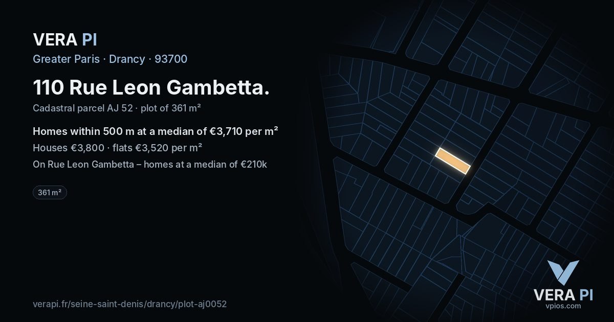 110 Rue Leon Gambetta, Drancy at night – the plot lit, the parcels around coloured by the prices near them
