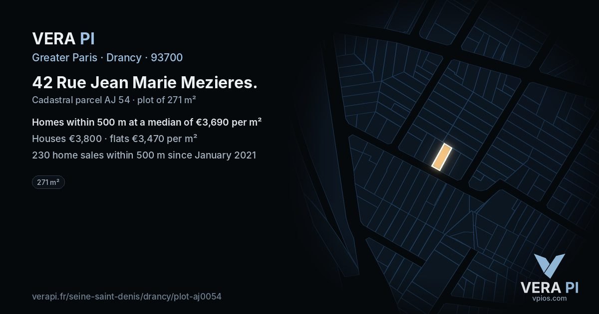 42 Rue Jean Marie Mezieres, Drancy at night – the plot lit, the parcels around coloured by the prices near them