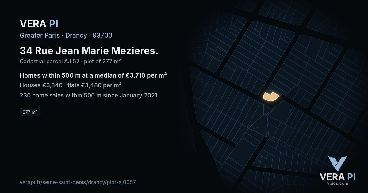34 Rue Jean Marie Mezieres, Drancy at night – the plot lit, the parcels around coloured by the prices near them