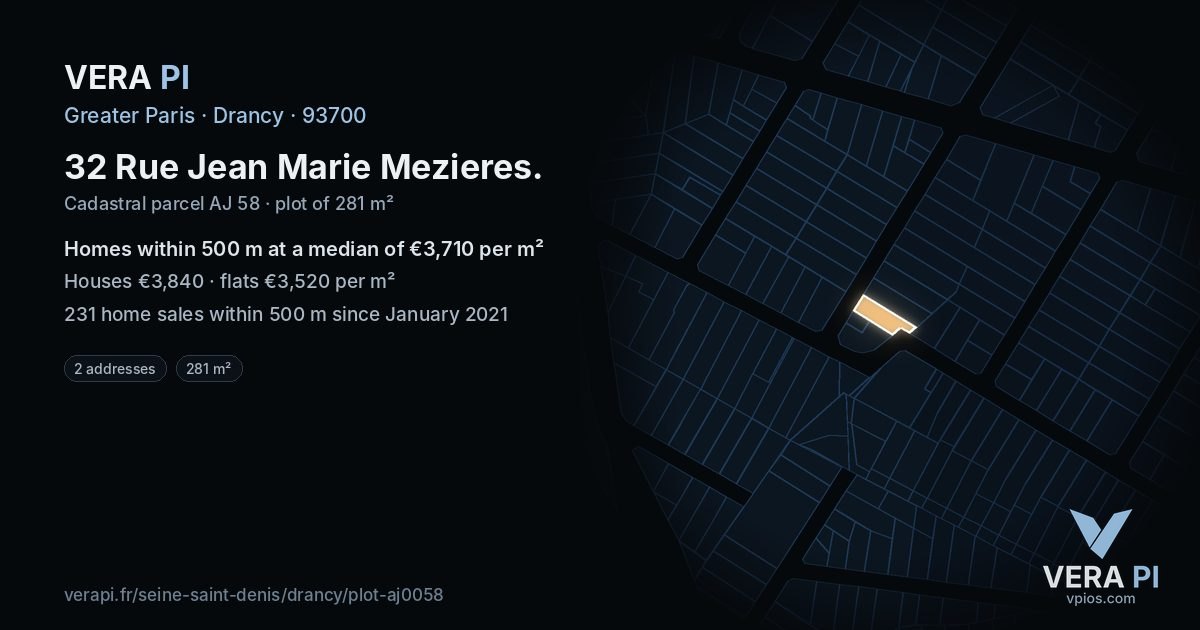 32 Rue Jean Marie Mezieres, Drancy at night – the plot lit, the parcels around coloured by the prices near them