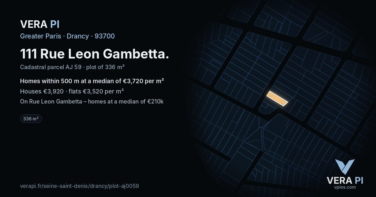 111 Rue Leon Gambetta, Drancy at night – the plot lit, the parcels around coloured by the prices near them