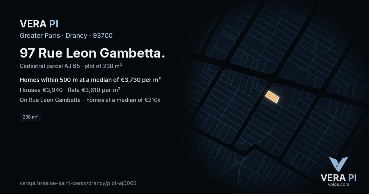 97 Rue Leon Gambetta, Drancy at night – the plot lit, the parcels around coloured by the prices near them