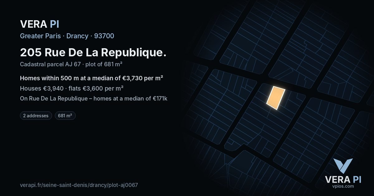 205 Rue De La Republique, Drancy at night – the plot lit, the parcels around coloured by the prices near them