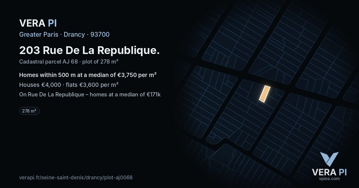203 Rue De La Republique, Drancy at night – the plot lit, the parcels around coloured by the prices near them