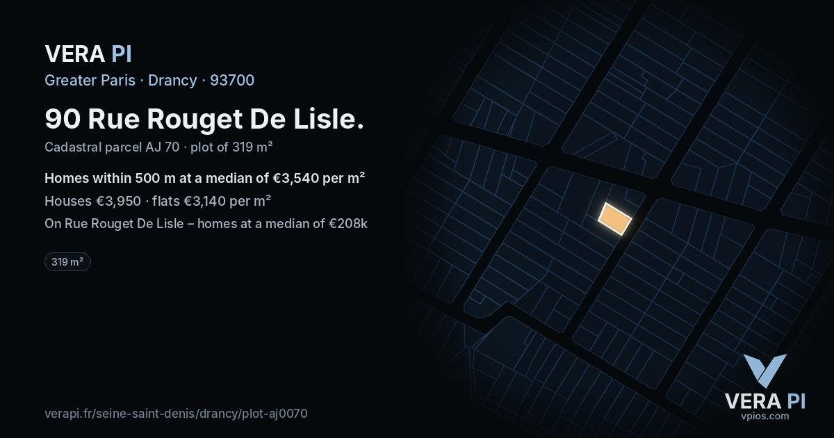 90 Rue Rouget De Lisle, Drancy at night – the plot lit, the parcels around coloured by the prices near them