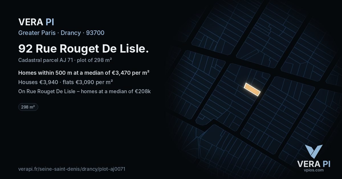 92 Rue Rouget De Lisle, Drancy at night – the plot lit, the parcels around coloured by the prices near them