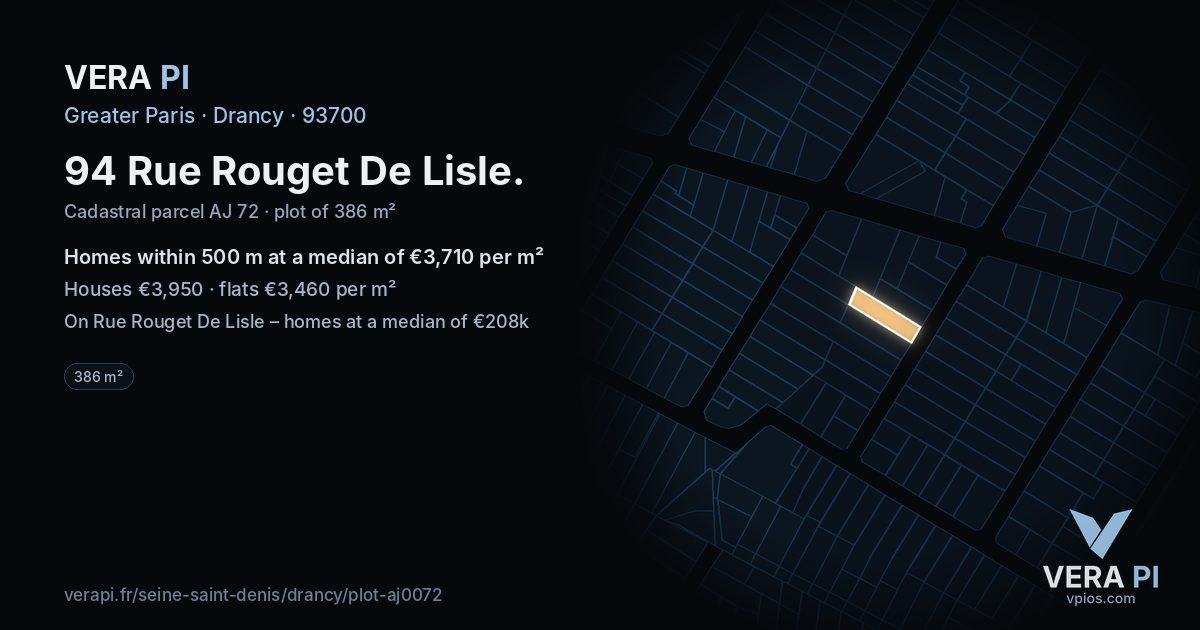 94 Rue Rouget De Lisle, Drancy at night – the plot lit, the parcels around coloured by the prices near them
