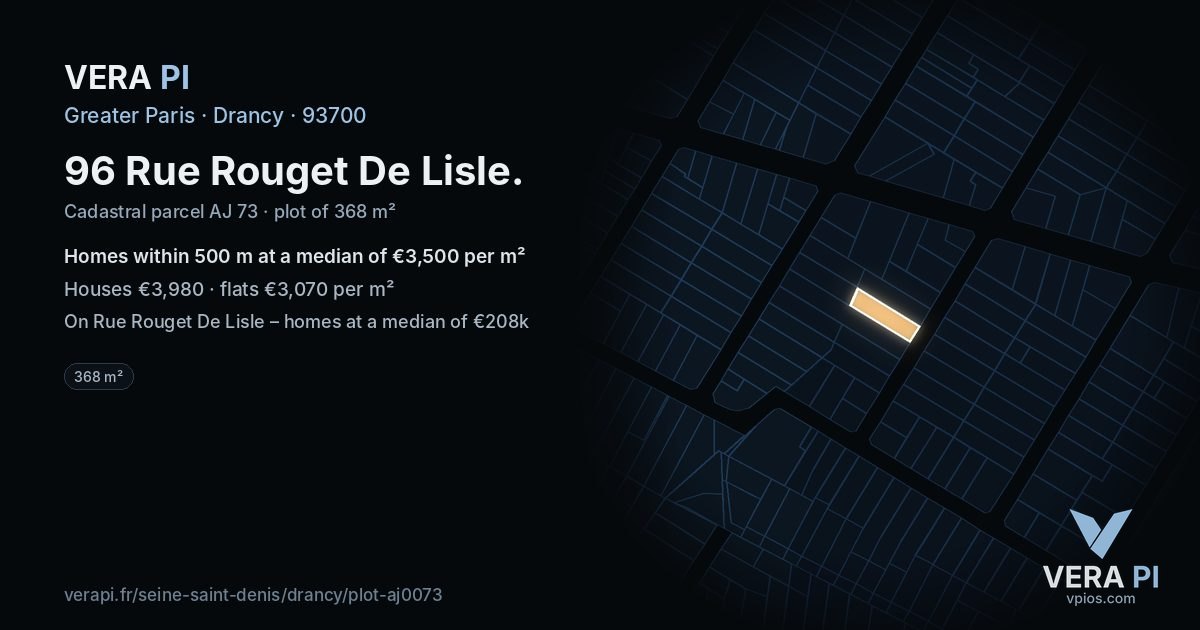 96 Rue Rouget De Lisle, Drancy at night – the plot lit, the parcels around coloured by the prices near them