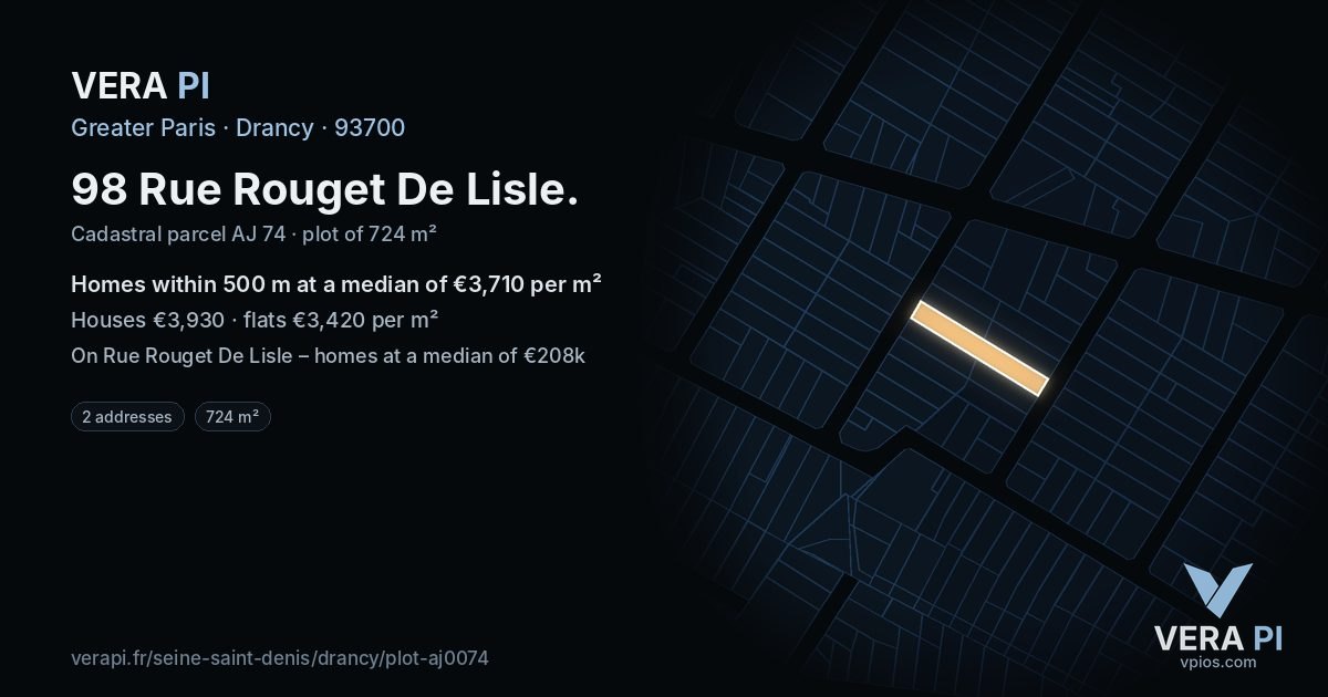 98 Rue Rouget De Lisle, Drancy at night – the plot lit, the parcels around coloured by the prices near them