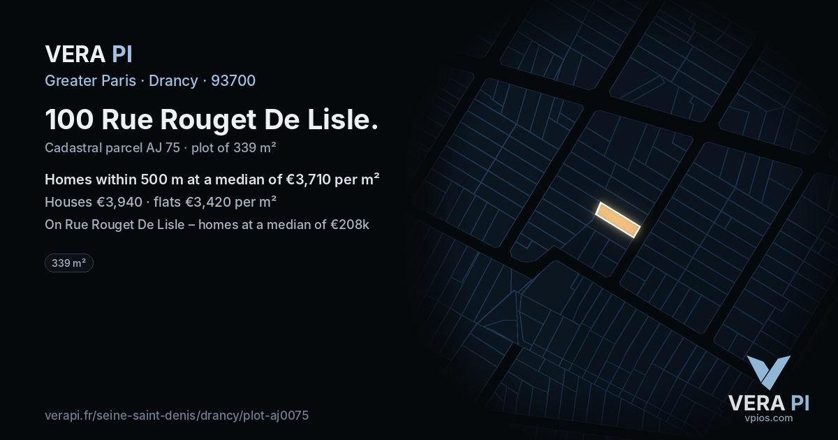 100 Rue Rouget De Lisle, Drancy at night – the plot lit, the parcels around coloured by the prices near them
