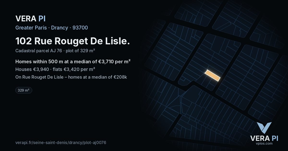 102 Rue Rouget De Lisle, Drancy at night – the plot lit, the parcels around coloured by the prices near them