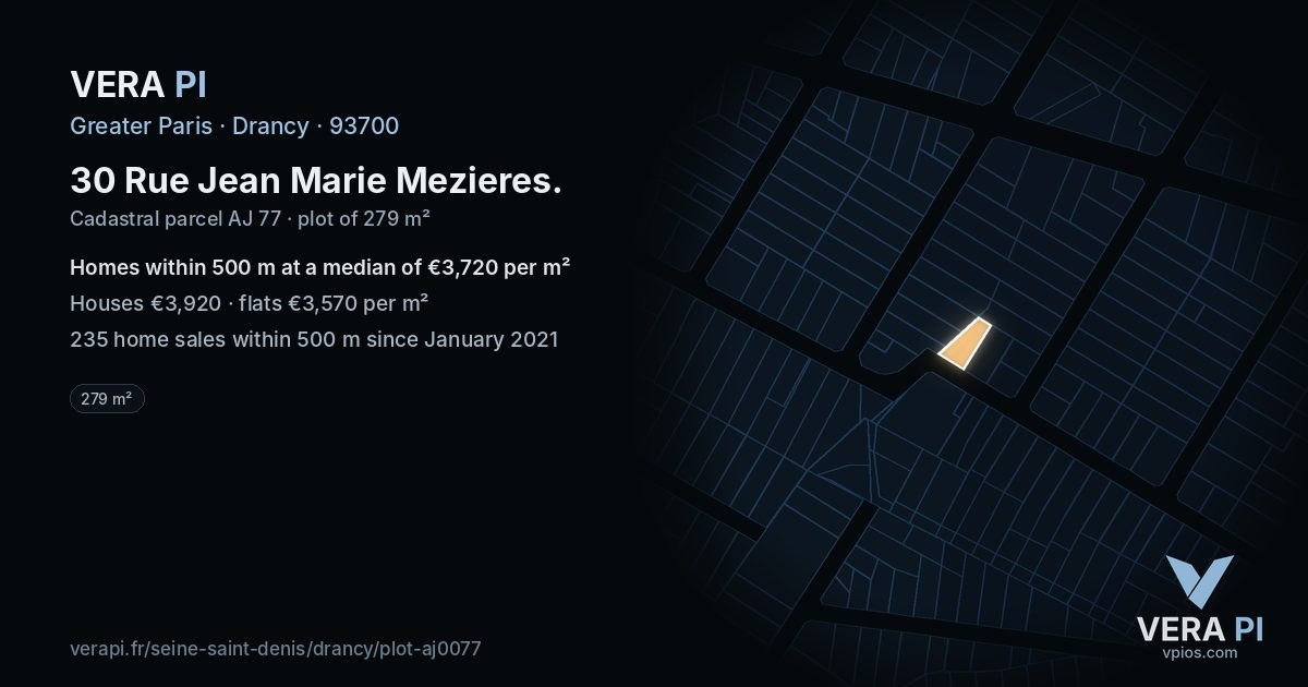 30 Rue Jean Marie Mezieres, Drancy at night – the plot lit, the parcels around coloured by the prices near them