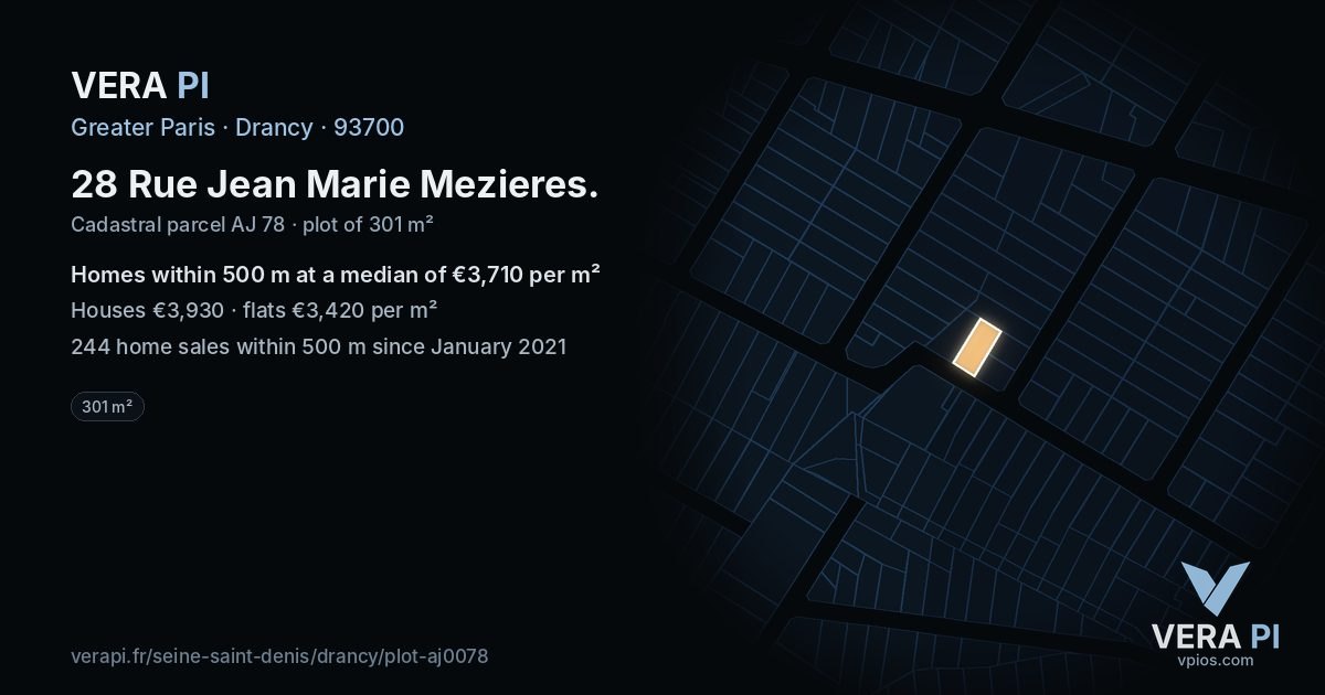 28 Rue Jean Marie Mezieres, Drancy at night – the plot lit, the parcels around coloured by the prices near them