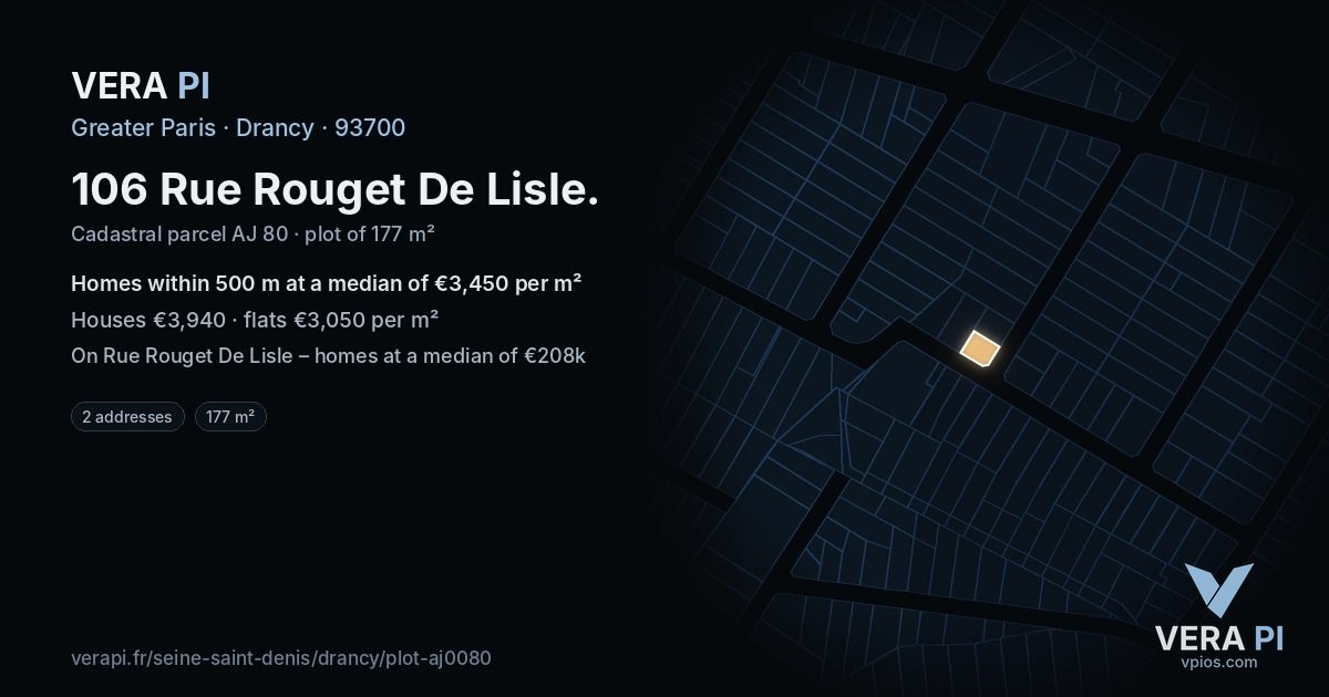 106 Rue Rouget De Lisle, Drancy at night – the plot lit, the parcels around coloured by the prices near them