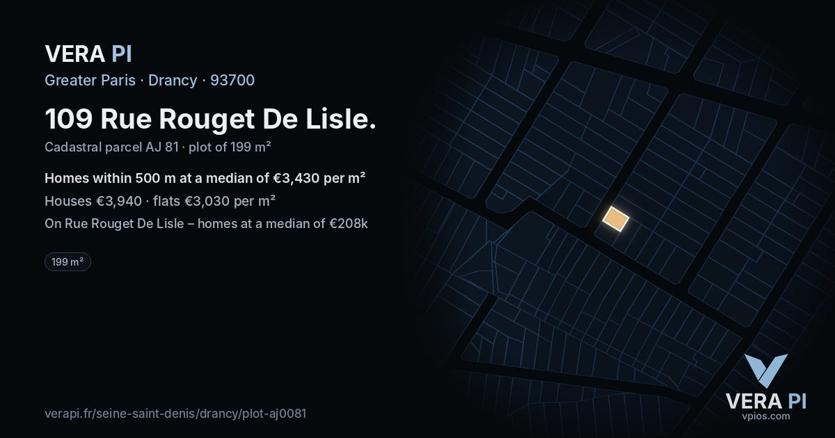109 Rue Rouget De Lisle, Drancy at night – the plot lit, the parcels around coloured by the prices near them