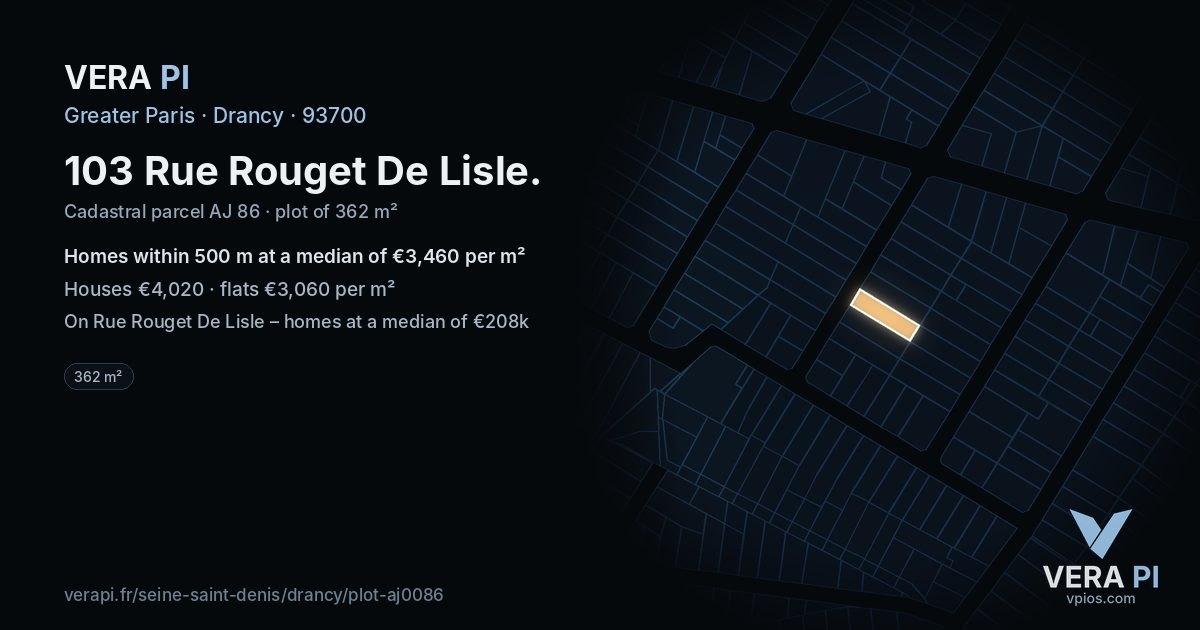 103 Rue Rouget De Lisle, Drancy at night – the plot lit, the parcels around coloured by the prices near them