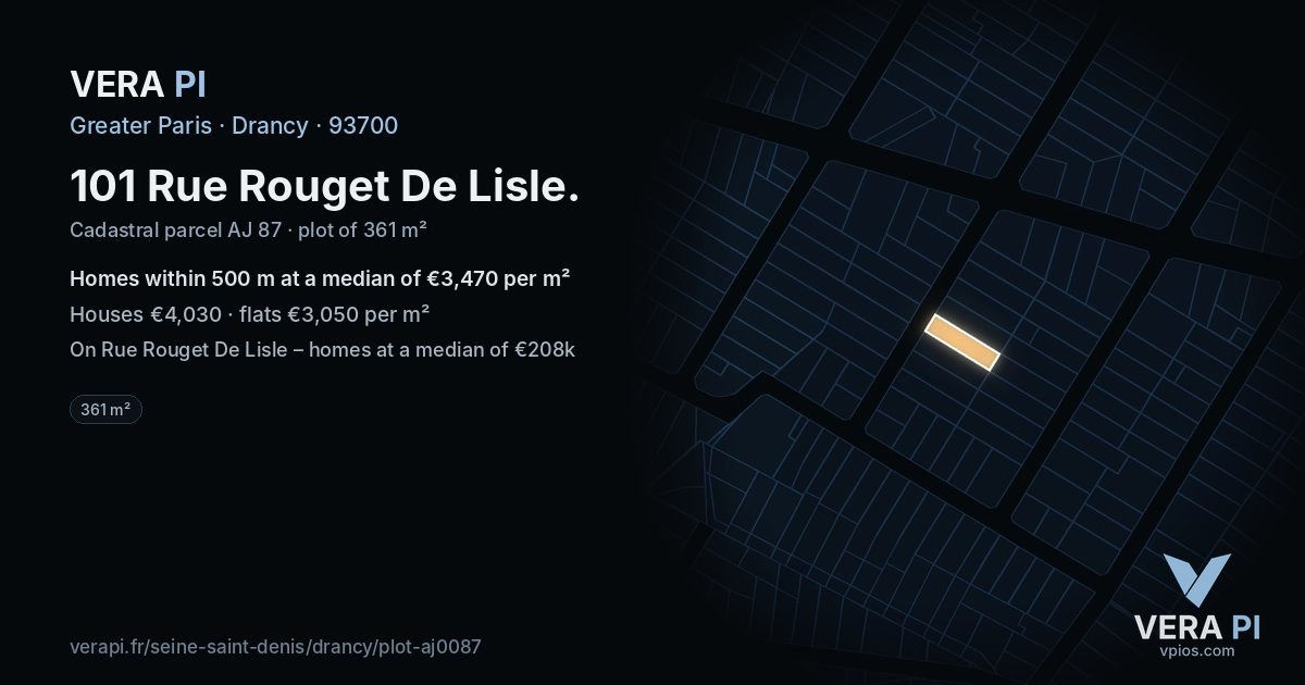 101 Rue Rouget De Lisle, Drancy at night – the plot lit, the parcels around coloured by the prices near them