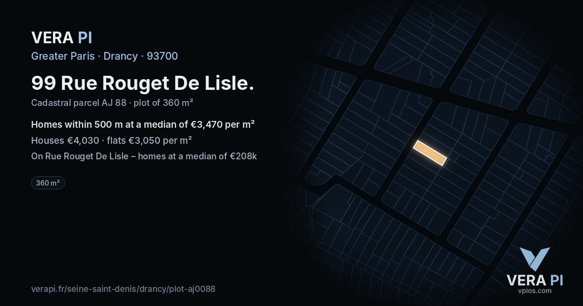 99 Rue Rouget De Lisle, Drancy at night – the plot lit, the parcels around coloured by the prices near them