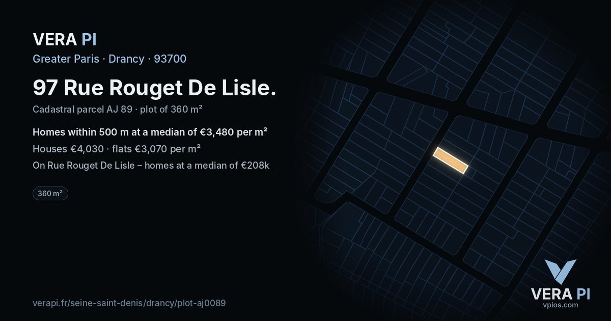 97 Rue Rouget De Lisle, Drancy at night – the plot lit, the parcels around coloured by the prices near them