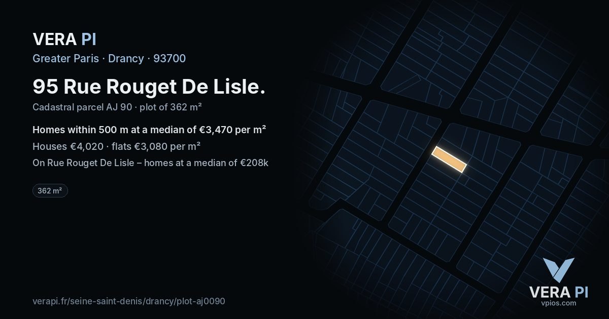 95 Rue Rouget De Lisle, Drancy at night – the plot lit, the parcels around coloured by the prices near them