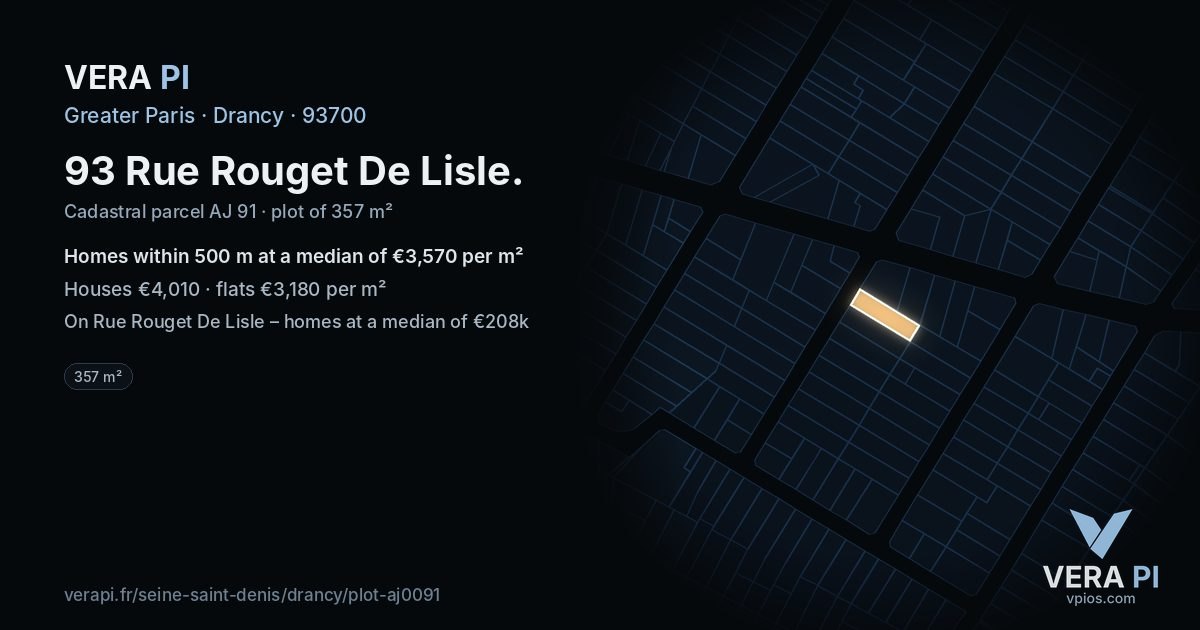 93 Rue Rouget De Lisle, Drancy at night – the plot lit, the parcels around coloured by the prices near them