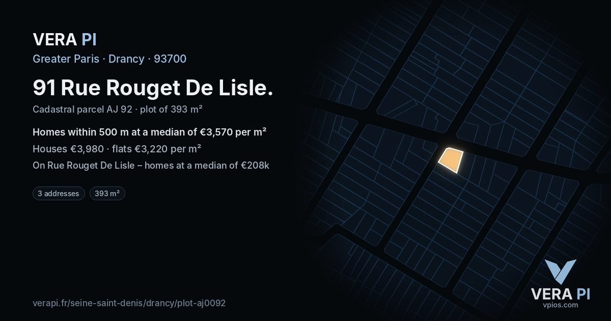 91 Rue Rouget De Lisle, Drancy at night – the plot lit, the parcels around coloured by the prices near them