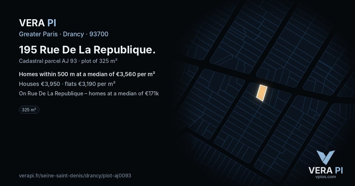 195 Rue De La Republique, Drancy at night – the plot lit, the parcels around coloured by the prices near them