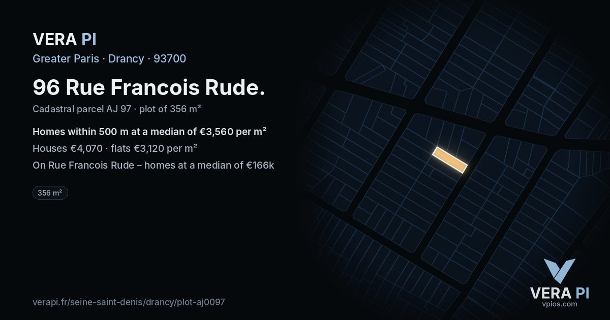 96 Rue Francois Rude, Drancy at night – the plot lit, the parcels around coloured by the prices near them