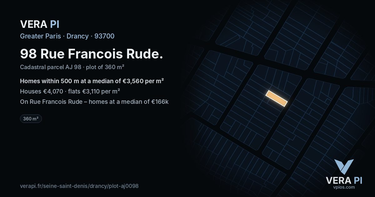 98 Rue Francois Rude, Drancy at night – the plot lit, the parcels around coloured by the prices near them