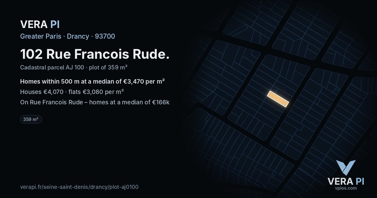 102 Rue Francois Rude, Drancy at night – the plot lit, the parcels around coloured by the prices near them