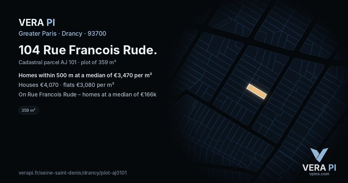 104 Rue Francois Rude, Drancy at night – the plot lit, the parcels around coloured by the prices near them