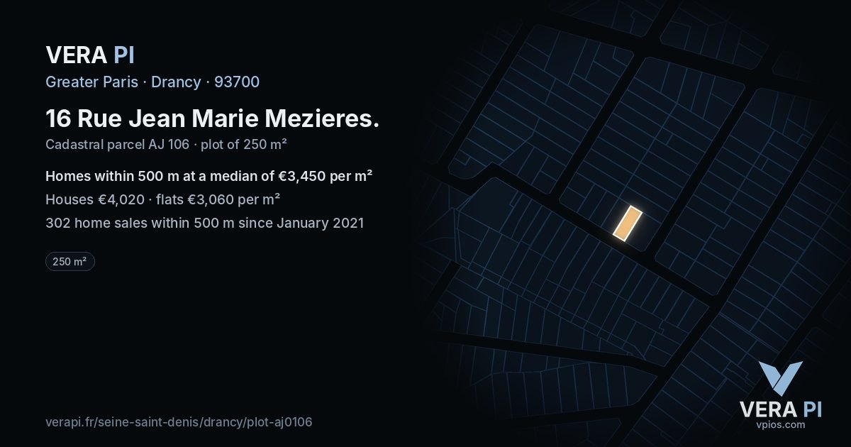 16 Rue Jean Marie Mezieres, Drancy at night – the plot lit, the parcels around coloured by the prices near them