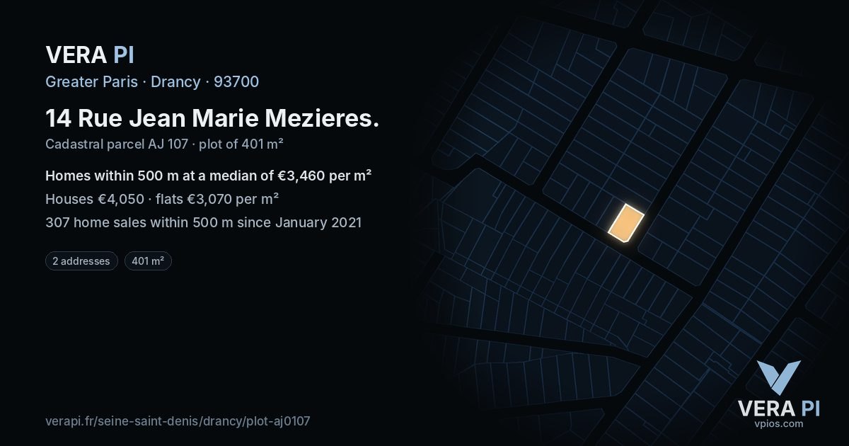 14 Rue Jean Marie Mezieres, Drancy at night – the plot lit, the parcels around coloured by the prices near them