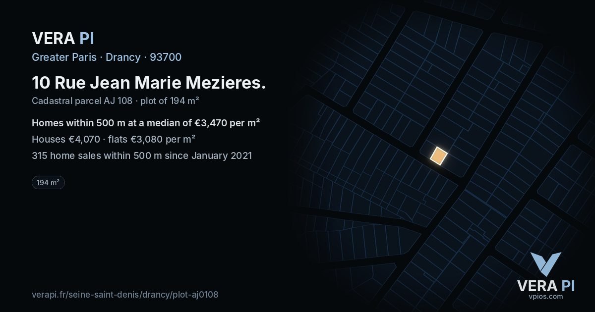 10 Rue Jean Marie Mezieres, Drancy at night – the plot lit, the parcels around coloured by the prices near them