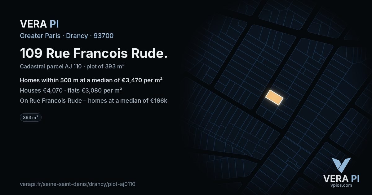 109 Rue Francois Rude, Drancy at night – the plot lit, the parcels around coloured by the prices near them