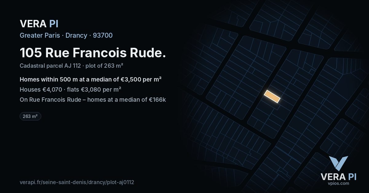105 Rue Francois Rude, Drancy at night – the plot lit, the parcels around coloured by the prices near them