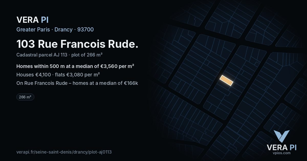 103 Rue Francois Rude, Drancy at night – the plot lit, the parcels around coloured by the prices near them