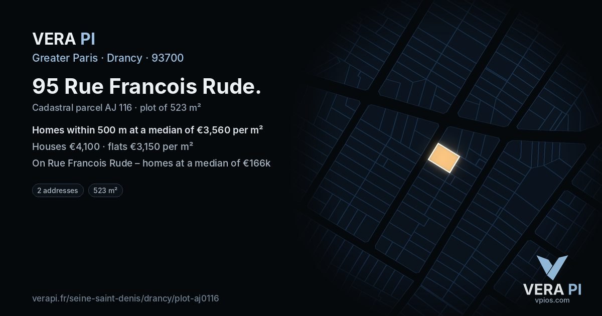 95 Rue Francois Rude, Drancy at night – the plot lit, the parcels around coloured by the prices near them