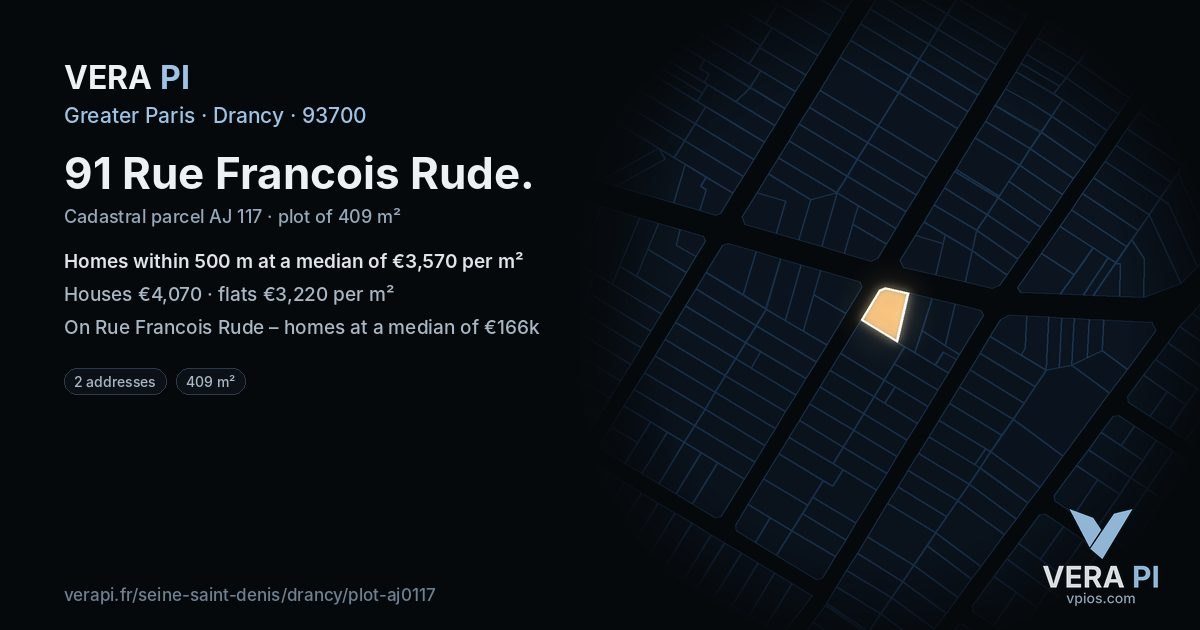 91 Rue Francois Rude, Drancy at night – the plot lit, the parcels around coloured by the prices near them